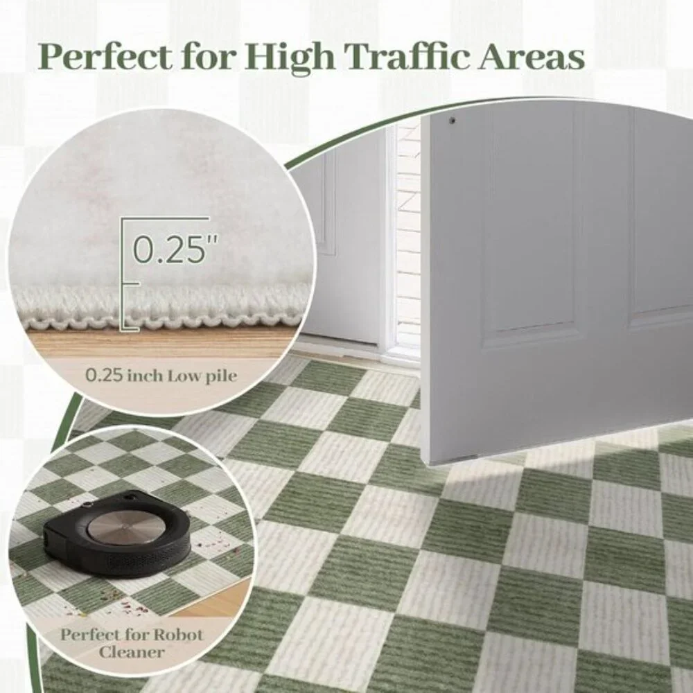 New 5x7 Green Checkered Area Rug, Washable Non-Slip Modern Carpet for Any Room